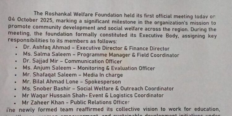 Roshankal Welfare Foundation Constitutes Executive Body, Reaffirms Commitment to Community Service